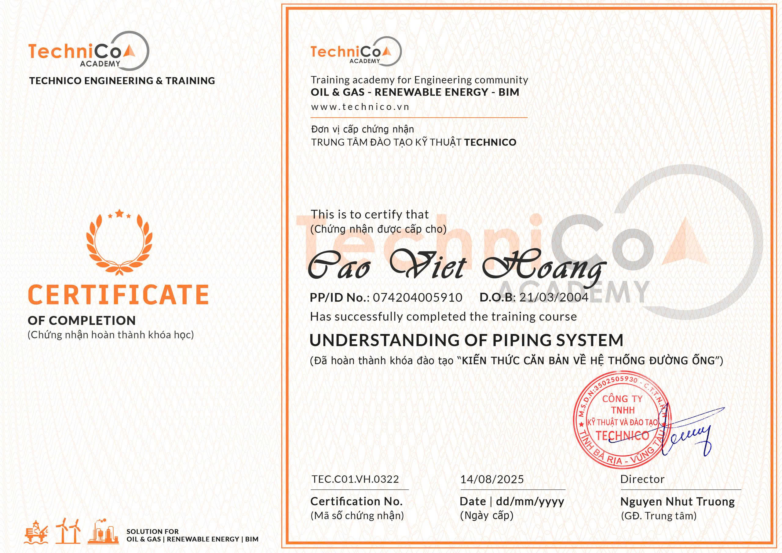 Mẫu chứng nhận Technico